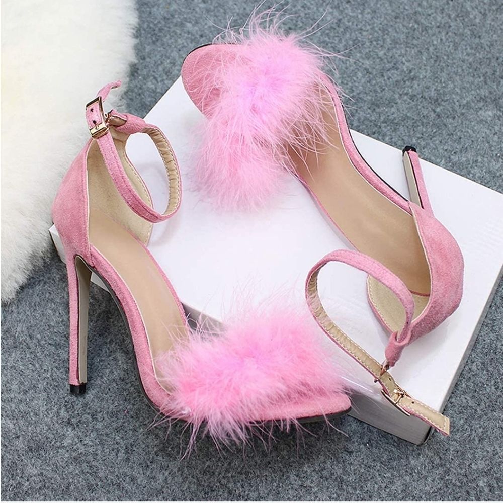 Z&L Women's Pink Marabu Open Toe Sandal Fluffy Feather Lace Up Strappy High Heel - Picture 3 of 4